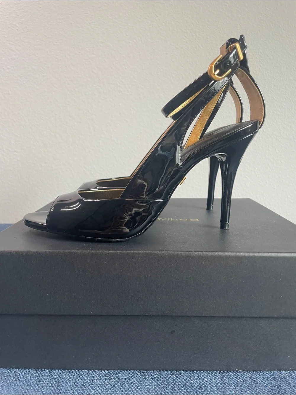 Donna Karan - Somerset - Black Patent Peep-Toe Ankle-Strap Heels with Gold Trim